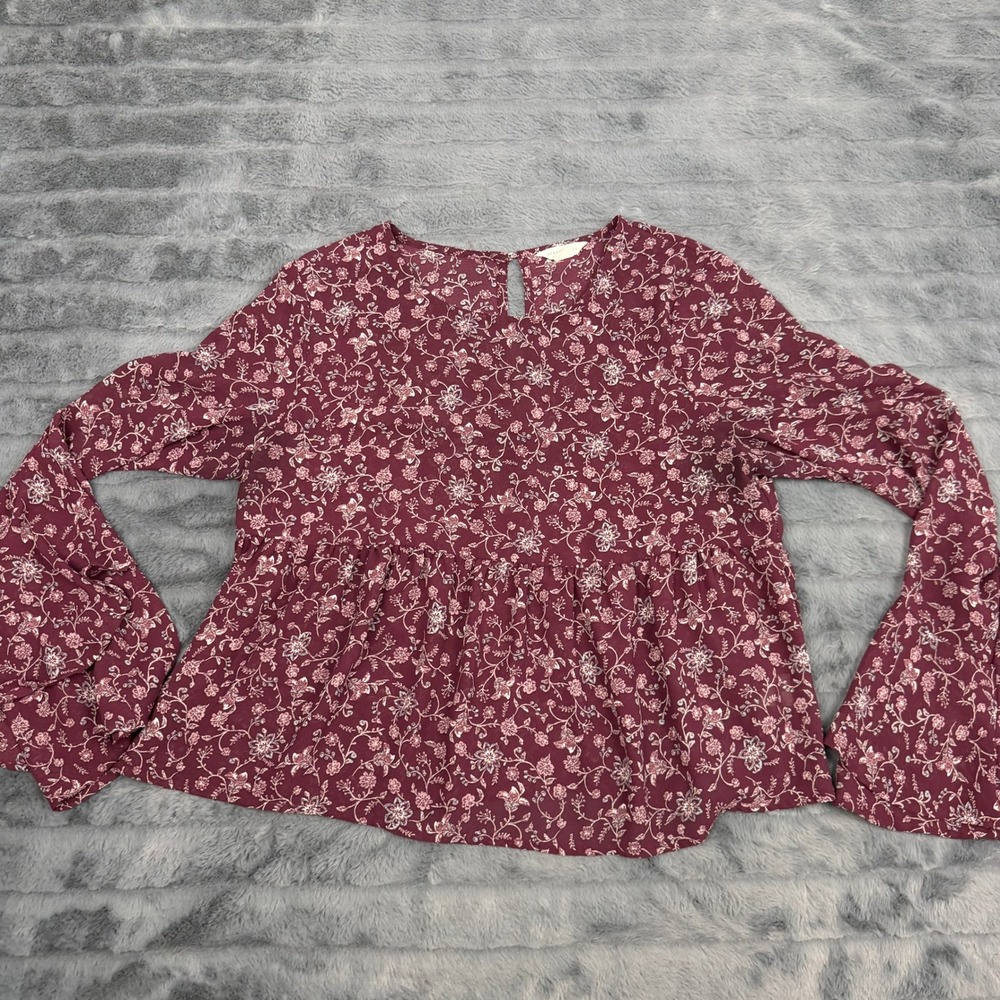 Aeropostale Womens Burgundy Floral Babydoll Peplum Top Bell Sleeve Maroon Size M